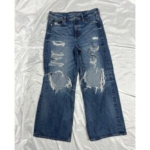 American Eagle Outfitters Women's Distressed Wide-Leg Jeans - Dark Blue